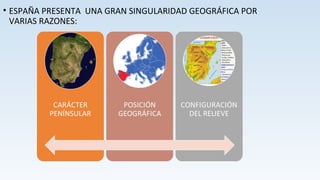 • ESPAÑA PRESENTA UNA GRAN SINGULARIDAD GEOGRÁFICA POR 
VARIAS RAZONES: 
 