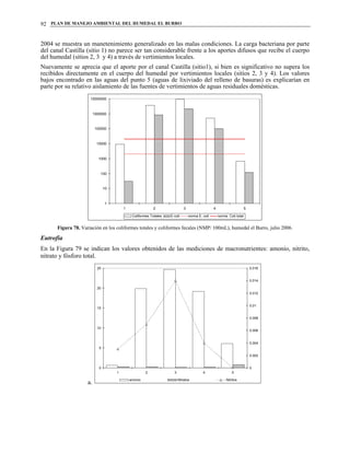 PLAN DE MANEJO AMBIENTAL DEL HUMEDAL EL BURRO92
2004 se muestra un manetenimiento generalizado en las malas condiciones. La carga bacteriana por parte
del canal Castilla (sitio 1) no parece ser tan considerable frente a los aportes difusos que recibe el cuerpo
del humedal (sitios 2, 3 y 4) a través de vertimientos locales.
Nuevamente se aprecia que el aporte por el canal Castilla (sitio1), si bien es significativo no supera los
recibidos directamente en el cuerpo del humedal por vertimientos locales (sitios 2, 3 y 4). Los valores
bajos encontrado en las aguas del punto 5 (aguas de lixiviado del relleno de basuras) es explicarían en
parte por su relativo aislamiento de las fuentes de vertimientos de aguas residuales domésticas.
1
10
100
1000
10000
100000
1000000
10000000
1 2 3 4 5
Coliformes Totales E-coli norma E. coli norma Coli total
Figura 78. Variación en los coliformes totales y coliformes fecales (NMP/ 100mL), humedal el Burro, julio 2006.
Eutrofia
En la Figura 79 se indican los valores obtenidos de las mediciones de macronutrientes: amonio, nitrito,
nitrato y fósforo total.
a.
0
5
10
15
20
25
1 2 3 4 5
0
0.002
0.004
0.006
0.008
0.01
0.012
0.014
0.016
amonio Nitratos Nitritos
 