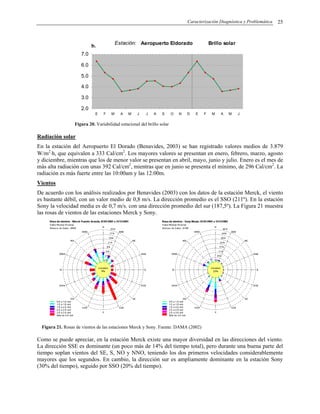 Caracterización Diagnóstica y Problemática 25
Estación: Aeropuerto Eldorado Brillo solar
2.0
3.0
4.0
5.0
6.0
7.0
E F M A M J J A S O N D E F M A M J
h.
Figura 20. Variabilidad estacional del brillo solar
Radiación solar
En la estación del Aeropuerto El Dorado (Benavides, 2003) se han registrado valores medios de 3.879
W/m2
⋅h, que equivalen a 333 Cal/cm2
. Los mayores valores se presentan en enero, febrero, marzo, agosto
y diciembre, mientras que los de menor valor se presentan en abril, mayo, junio y julio. Enero es el mes de
más alta radiación con unas 392 Cal/cm2
, mientras que en junio se presenta el mínimo, de 296 Cal/cm2
. La
radiación es más fuerte entre las 10:00am y las 12:00m.
Vientos
De acuerdo con los análisis realizados por Benavides (2003) con los datos de la estación Merck, el viento
es bastante débil, con un valor medio de 0,8 m/s. La dirección promedio es el SSO (211º). En la estación
Sony la velocidad media es de 0,7 m/s. con una dirección promedio del sur (187,5º). La Figura 21 muestra
las rosas de vientos de las estaciones Merck y Sony.
Figura 21. Rosas de vientos de las estaciones Merck y Sony. Fuente: DAMA (2002)
Como se puede apreciar, en la estación Merck existe una mayor diversidad en las direcciones del viento.
La dirección SSE es dominante (un poco más de 14% del tiempo total), pero durante una buena parte del
tiempo soplan vientos del SE, S, NO y NNO, teniendo los dos primeros velocidades considerablemente
mayores que los segundos. En cambio, la dirección sur es ampliamente dominante en la estación Sony
(30% del tiempo), seguido por SSO (20% del tiempo).
 