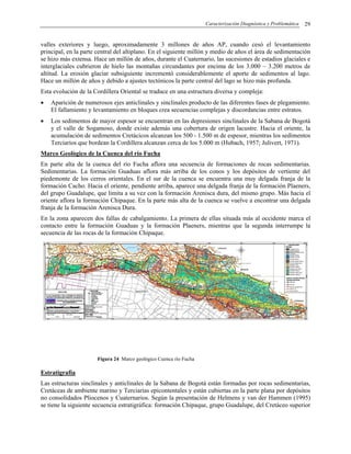 Caracterización Diagnóstica y Problemática 29
valles exteriores y luego, aproximadamente 3 millones de años AP, cuando cesó el levantamiento
principal, en la parte central del altiplano. En el siguiente millón y medio de años el área de sedimentación
se hizo más extensa. Hace un millón de años, durante el Cuaternario, las sucesiones de estadios glaciales e
interglaciales cubrieron de hielo las montañas circundantes por encima de los 3.000 – 3.200 metros de
altitud. La erosión glaciar subsiguiente incrementó considerablemente el aporte de sedimentos al lago.
Hace un millón de años y debido a ajustes tectónicos la parte central del lago se hizo más profunda.
Esta evolución de la Cordillera Oriental se traduce en una estructura diversa y compleja:
• Aparición de numerosos ejes anticlinales y sinclinales producto de las diferentes fases de plegamiento.
El fallamiento y levantamiento en bloques crea secuencias complejas y discordancias entre estratos.
• Los sedimentos de mayor espesor se encuentran en las depresiones sinclinales de la Sabana de Bogotá
y el valle de Sogamoso, donde existe además una cobertura de origen lacustre. Hacia el oriente, la
acumulación de sedimentos Cretácicos alcanzan los 500 - 1.500 m de espesor, mientras los sedimentos
Terciarios que bordean la Cordillera alcanzan cerca de los 5.000 m (Hubach, 1957; Julivert, 1971).
Marco Geològico de la Cuenca del río Fucha
En parte alta de la cuenca del río Fucha aflora una secuencia de formaciones de rocas sedimentarias.
Sedimentarias. La formación Guaduas aflora más arriba de los conos y los depósitos de vertiente del
piedemonte de los cerros orientales. En el sur de la cuenca se encuentra una muy delgada franja de la
formación Cacho. Hacia el oriente, pendiente arriba, aparece una delgada franja de la formación Plaeners,
del grupo Guadalupe, que limita a su vez con la formación Arenisca dura, del mismo grupo. Más hacia el
oriente aflora la formación Chipaque. En la parte más alta de la cuenca se vuelve a encontrar una delgada
franja de la formación Arenisca Dura.
En la zona aparecen dos fallas de cabalgamiento. La primera de ellas situada más al occidente marca el
contacto entre la formación Guaduas y la formación Plaeners, mientras que la segunda interrumpe la
secuencia de las rocas de la formación Chipaque.
Figura 24 Marco geològico Cuenca río Fucha
Estratigrafía
Las estructuras sinclinales y anticlinales de la Sabana de Bogotá están formadas por rocas sedimentarias,
Cretáceas de ambiente marino y Terciarias epicontentales y están cubiertas en la parte plana por depósitos
no consolidados Pliocenos y Cuaternarios. Según la presentación de Helmens y van der Hammen (1995)
se tiene la siguiente secuencia estratigráfica: formación Chipaque, grupo Guadalupe, del Cretáceo superior
 
