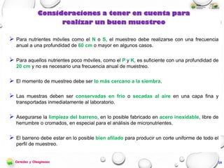 Consideraciones a tener en cuenta para
realizar un buen muestreo
 Para nutrientes móviles como el N o S, el muestreo debe realizarse con una frecuencia
anual a una profundidad de 60 cm o mayor en algunos casos.
 Para aquellos nutrientes poco móviles, como el P y K, es suficiente con una profundidad de
20 cm y no es necesario una frecuencia anual de muestreo.
 El momento de muestreo debe ser lo más cercano a la siembra.
 Las muestras deben ser conservadas en frío o secadas al aire en una capa fina y
transportadas inmediatamente al laboratorio.
 Asegurarse la limpieza del barreno, en lo posible fabricado en acero inoxidable, libre de
herrumbre o cromados, en especial para el análisis de micronutrientes.
 El barreno debe estar en lo posible bien afilado para producir un corte uniforme de todo el
perfil de muestreo.
14Cereales y Oleaginosas
 