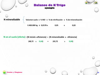 Volumen suelo X % MO X % de nitrificación x % de mineralización
2.400.000 kg X 0,0178 x 0,05 x 0,02
(48,72 x 0,60) + (42,72 x 0,80)
29
N mineralizable
N en el suelo (oferta) : (N inicial x eficiencia) + (N mineralizable x eficiencia)
Balance de N Trigo
ejemplo
Cereales y Oleaginosas
 