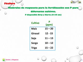Umbrales de respuesta para la fertilización con P para
diferentes cultivos.
P disponible Bray y Kurtz (0-20 cm)
P
(ppm)
Maíz 15 – 20
Girasol 12 - 15
Soja 11 – 13
Sorgo 10 – 12
Trigo 15 – 22
Cultivo
6Cereales y Oleaginosas
 