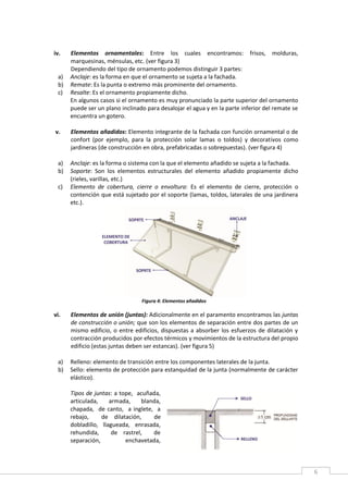 6
iv. Elementos ornamentales: Entre los cuales encontramos: frisos, molduras,
marquesinas, ménsulas, etc. (ver figura 3)
Dependiendo del tipo de ornamento podemos distinguir 3 partes:
a) Anclaje: es la forma en que el ornamento se sujeta a la fachada.
b) Remate: Es la punta o extremo más prominente del ornamento.
c) Resalte: Es el ornamento propiamente dicho.
En algunos casos si el ornamento es muy pronunciado la parte superior del ornamento
puede ser un plano inclinado para desalojar el agua y en la parte inferior del remate se
encuentra un gotero.
v. Elementos añadidos: Elemento integrante de la fachada con función ornamental o de
confort (por ejemplo, para la protección solar lamas o toldos) y decorativos como
jardineras (de construcción en obra, prefabricadas o sobrepuestas). (ver figura 4)
a) Anclaje: es la forma o sistema con la que el elemento añadido se sujeta a la fachada.
b) Soporte: Son los elementos estructurales del elemento añadido propiamente dicho
(rieles, varillas, etc.)
c) Elemento de cobertura, cierre o envoltura: Es el elemento de cierre, protección o
contención que está sujetado por el soporte (lamas, toldos, laterales de una jardinera
etc.).
Figura 4: Elementos añadidos
vi. Elementos de unión (juntas): Adicionalmente en el paramento encontramos las juntas
de construcción o unión; que son los elementos de separación entre dos partes de un
mismo edificio, o entre edificios, dispuestas a absorber los esfuerzos de dilatación y
contracción producidos por efectos térmicos y movimientos de la estructura del propio
edificio (estas juntas deben ser estancas). (ver figura 5)
a) Relleno: elemento de transición entre los componentes laterales de la junta.
b) Sello: elemento de protección para estanquidad de la junta (normalmente de carácter
elástico).
Tipos de juntas: a tope, acuñada,
articulada, armada, blanda,
chapada, de canto, a inglete, a
rebajo, de dilatación, de
dobladillo, llagueada, enrasada,
rehundida, de rastrel, de
separación, enchavetada,
 