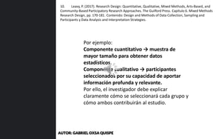 Por ejemplo:
Componente cuantitativo → muestra de
mayor tamaño para obtener datos
estadísticos.
Componente cualitativo → participantes
seleccionados por su capacidad de aportar
información profunda y relevante.
Por ello, el investigador debe explicar
claramente cómo se seleccionará cada grupo y
cómo ambos contribuirán al estudio.
10. Leavy, P. (2017). Research Design: Quantitative, Qualitative, Mixed Methods, Arts-Based, and
Community-Based Participatory Research Approaches. The Guilford Press. Capítulo 6. Mixed Methods
Research Design, pp. 170-181. Contenido: Design and Methods of Data Collection, Sampling and
Participants y Data Analysis and Interpretation Strategies.
AUTOR: GABRIEL OXSA QUISPE
 