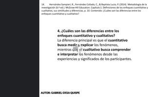 4. ¿Cuáles son las diferencias entre los
enfoques cuantitativo y cualitativo?
La diferencia principal es que el cuantitativo
busca medir y explicar los fenómenos,
mientras que el cualitativo busca comprender
e interpretar los fenómenos desde las
experiencias y significados de los participantes.
14. Hernández Sampieri, R., Fernández Collado, C., & Baptista Lucio, P. (2014). Metodología de la
investigación (6.ª ed.). McGraw-Hill Education. Capítulo 1. Definiciones de los enfoques cuantitativo y
cualitativo, sus similitudes y diferencias, p. 10. Contenido: ¿Cuáles son las diferencias entre los
enfoques cuantitativo y cualitativo?
AUTOR: GABRIEL OXSA QUISPE
 
