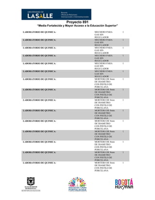 Proyecto 891
“Media Fortalecida y Mayor Acceso a la Educación Superior”
LABORATORIO DE QUIMICA: MECHERO PARA
GAS SIN
REGULADOR
1
LABORATORIO DE QUIMICA: MECHERO PARA
GAS SIN
REGULADOR
1
LABORATORIO DE QUIMICA: MECHERO PARA
GAS SIN
REGULADOR
1
LABORATORIO DE QUIMICA: MECHERO PARA
GAS SIN
REGULADOR
1
LABORATORIO DE QUIMICA: MECHERO PARA
GAS SIN
REGULADOR
1
LABORATORIO DE QUIMICA: MECHERO PARA
GAS SIN
REGULADOR
1
LABORATORIO DE QUIMICA: MORTERO DE 8mm
DE DIAMETRO
CON PISTILO DE
PORCELANA
1
LABORATORIO DE QUIMICA: MORTERO DE 8mm
DE DIAMETRO
CON PISTILO DE
PORCELANA
1
LABORATORIO DE QUIMICA: MORTERO DE 8mm
DE DIAMETRO
CON PISTILO DE
PORCELANA
1
LABORATORIO DE QUIMICA: MORTERO DE 8mm
DE DIAMETRO
CON PISTILO DE
PORCELANA
1
LABORATORIO DE QUIMICA: MORTERO DE 8mm
DE DIAMETRO
CON PISTILO DE
PORCELANA
1
LABORATORIO DE QUIMICA: MORTERO DE 8mm
DE DIAMETRO
CON PISTILO DE
PORCELANA
1
LABORATORIO DE QUIMICA: MORTERO DE 8mm
DE DIAMETRO
CON PISTILO DE
PORCELANA
1
LABORATORIO DE QUIMICA: MORTERO DE 8mm
DE DIAMETRO
CON PISTILO DE
PORCELANA
1
LABORATORIO DE QUIMICA: MORTERO DE 8mm
DE DIAMETRO
CON PISTILO DE
PORCELANA
1
 