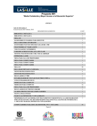 Proyecto 891
“Media Fortalecida y Mayor Acceso a la Educación Superior”
ANEXO 2
Aula de informática 1
Caracterización IED Toberín, 2010
DESCRIPCION ELEMENTO CANT
BIBLIOTECA METALICA 1
BIBLIOTECA METALICA 1
MESA M3 1
ESCRITORIO EN MADERA PARA DOCENTE 1
SILLA GIRATORIA SIN BRAZOS 1
EXTINTORES NUEVOS TIPO SOLVAFLAM DE 3700 1
TELEVISORES 21" MARCA SONY 1
VHS PANASONIC SUPERDRIVE 1
TABLERO ACRILICO PARA AULA DE CLASE 1
SISTEMA MAGNETICO DE CTRL VISUAL 0,80X0,60 1
IMPRESORA LASER 1
MESA PARA SALA DE PROFESORES 1
MESA PARA COMPUTADOR 1
MESA PARA COMPUTADOR 1
MESA PARA COMPUTADOR 1
SILLA S3 40
SILLA BASE METALICA TAPIZADA 1
MONITOR POLICROMATICO 6
MONITOR POLICROMATICO 1
REGULADOR AV 5000 1
ESTABILIZADOR DE VOLTAJE ELECTRICO TIPO A 1
CONCENTRADOR OPCOM 32 1
MODULOS PARA COMPUTO 1
MODULOS PARA COMPUTO 16
MESA PARA SALA DE PROFESORES 8
REGULADOR ELECTRONICO RR1000 1
ALARMA PROTECCION DE COMPUTADORES 1
MANTA APAGA FUEGO 1
MARCO ALUMINIOO DE 1" CON ACRILICO 1
MINIPERSIANA EN ALUMINIO, CON TRATAMIENTO Y RESISTENCIA A LA DECOLORACION
POR LOS RAYOS DEL SOL RECOMENDADOS PARA OFICINAS, SALONES DE INFORMATICA
Y AREAS DE TRABAJO, DIFERENTES TONALIDADES.
7
COMPUTADORES PARA EDUCAR (MONITOR, CPU Y TECLADO) 40
Figura 6
 