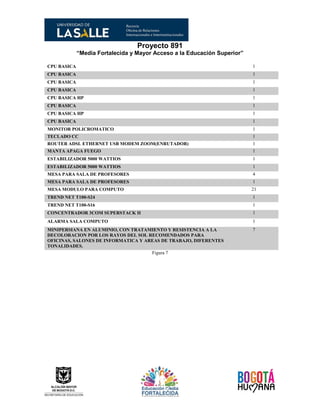 Proyecto 891
“Media Fortalecida y Mayor Acceso a la Educación Superior”
Figura 7
CPU BASICA 1
CPU BASICA 1
CPU BASICA 1
CPU BASICA 1
CPU BASICA HP 1
CPU BASICA 1
CPU BASICA HP 1
CPU BASICA 1
MONITOR POLICROMATICO 1
TECLADO CC 1
ROUTER ADSL ETHERNET USB MODEM ZOOM(ENRUTADOR) 1
MANTA APAGA FUEGO 1
ESTABILIZADOR 5000 WATTIOS 1
ESTABILIZADOR 5000 WATTIOS 1
MESA PARA SALA DE PROFESORES 4
MESA PARA SALA DE PROFESORES 1
MESA MODULO PARA COMPUTO 21
TREND NET T100-S24 1
TREND NET T100-S16 1
CONCENTRADOR 3COM SUPERSTACK II 1
ALARMA SALA COMPUTO 1
MINIPERSIANA EN ALUMINIO, CON TRATAMIENTO Y RESISTENCIA A LA
DECOLORACION POR LOS RAYOS DEL SOL RECOMENDADOS PARA
OFICINAS, SALONES DE INFORMATICA Y AREAS DE TRABAJO, DIFERENTES
TONALIDADES.
7
 