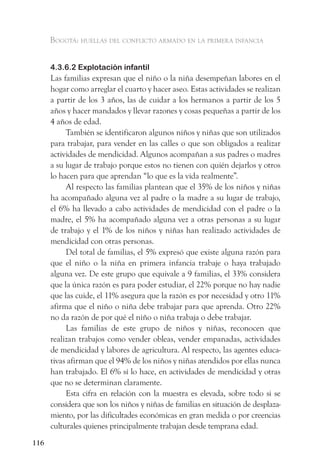 Bogotá: huellas del conflicto armado en la primera infancia


      4.3.6.2 Explotación infantil
      Las familias expresan que el niño o la niña desempeñan labores en el
      hogar como arreglar el cuarto y hacer aseo. Estas actividades se realizan
      a partir de los 3 años, las de cuidar a los hermanos a partir de los 5
      años y hacer mandados y llevar razones y cosas pequeñas a partir de los
      4 años de edad.
           También se identificaron algunos niños y niñas que son utilizados
      para trabajar, para vender en las calles o que son obligados a realizar
      actividades de mendicidad. Algunos acompañan a sus padres o madres
      a su lugar de trabajo porque estos no tienen con quién dejarlos y otros
      lo hacen para que aprendan “lo que es la vida realmente”.
           Al respecto las familias plantean que el 35% de los niños y niñas
      ha acompañado alguna vez al padre o la madre a su lugar de trabajo,
      el 6% ha llevado a cabo actividades de mendicidad con el padre o la
      madre, el 5% ha acompañado alguna vez a otras personas a su lugar
      de trabajo y el 1% de los niños y niñas han realizado actividades de
      mendicidad con otras personas.
           Del total de familias, el 5% expresó que existe alguna razón para
      que el niño o la niña en primera infancia trabaje o haya trabajado
      alguna vez. De este grupo que equivale a 9 familias, el 33% considera
      que la única razón es para poder estudiar, el 22% porque no hay nadie
      que las cuide, el 11% asegura que la razón es por necesidad y otro 11%
      afirma que el niño o niña debe trabajar para que aprenda. Otro 22%
      no da razón de por qué el niño o niña trabaja o debe trabajar.
           Las familias de este grupo de niños y niñas, reconocen que
      realizan trabajos como vender obleas, vender empanadas, actividades
      de mendicidad y labores de agricultura. Al respecto, las agentes educa-
      tivas afirman que el 94% de los niños y niñas atendidos por ellas nunca
      han trabajado. El 6% sí lo hace, en actividades de mendicidad y otras
      que no se determinan claramente.
           Esta cifra en relación con la muestra es elevada, sobre todo si se
      considera que son los niños y niñas de familias en situación de desplaza-
      miento, por las dificultades económicas en gran medida o por creencias
      culturales quienes principalmente trabajan desde temprana edad.
116
 