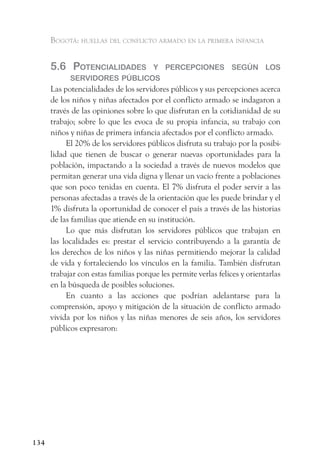 Bogotá: huellas del conflicto armado en la primera infancia


      5.6 PotenCialidades     y PerCePCiones según los
            servidores PúBliCos
      Las potencialidades de los servidores públicos y sus percepciones acerca
      de los niños y niñas afectados por el conflicto armado se indagaron a
      través de las opiniones sobre lo que disfrutan en la cotidianidad de su
      trabajo; sobre lo que les evoca de su propia infancia, su trabajo con
      niños y niñas de primera infancia afectados por el conflicto armado.
           El 20% de los servidores públicos disfruta su trabajo por la posibi-
      lidad que tienen de buscar o generar nuevas oportunidades para la
      población, impactando a la sociedad a través de nuevos modelos que
      permitan generar una vida digna y llenar un vacío frente a poblaciones
      que son poco tenidas en cuenta. El 7% disfruta el poder servir a las
      personas afectadas a través de la orientación que les puede brindar y el
      1% disfruta la oportunidad de conocer el país a través de las historias
      de las familias que atiende en su institución.
           Lo que más disfrutan los servidores públicos que trabajan en
      las localidades es: prestar el servicio contribuyendo a la garantía de
      los derechos de los niños y las niñas permitiendo mejorar la calidad
      de vida y fortaleciendo los vínculos en la familia. También disfrutan
      trabajar con estas familias porque les permite verlas felices y orientarlas
      en la búsqueda de posibles soluciones.
           En cuanto a las acciones que podrían adelantarse para la
      comprensión, apoyo y mitigación de la situación de conflicto armado
      vivida por los niños y las niñas menores de seis años, los servidores
      públicos expresaron:




134
 