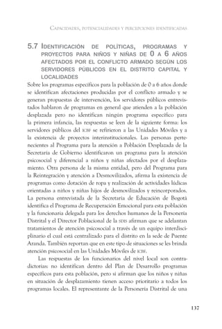 capacidades, potencialidades y percepciones identificadas


5.7 identifiCaCión   de PolítiCas, Programas y
      ProyeCtos Para niños y niñas de 0 a 6 años
      afeCtados Por el ConfliCto armado según los
      servidores PúBliCos en el distrito CaPital y
      loCalidades
Sobre los programas específicos para la población de 0 a 6 años donde
se identifican afectaciones producidas por el conflicto armado y se
generan propuestas de intervención, los servidores públicos entrevis-
tados hablaron de programas en general que atienden a la población
desplazada pero no identifican ningún programa específico para
la primera infancia, las respuestas se leen de la siguiente forma: los
servidores públicos del icBf se refirieron a las Unidades Móviles y a
la existencia de proyectos interinstitucionales. Las personas perte-
necientes al Programa para la atención a Población Desplazada de la
Secretaría de Gobierno identificaron un programa para la atención
psicosocial y diferencial a niños y niñas afectados por el desplaza-
miento. Otra persona de la misma entidad, pero del Programa para
la Reintegración y atención a Desmovilizados, afirma la existencia de
programas como dotación de ropa y realización de actividades lúdicas
orientadas a niños y niñas hijos de desmovilizados y reincorporados.
La persona entrevistada de la Secretaria de Educación de Bogotá
identifica el Programa de Recuperación Emocional para esta población
y la funcionaria delegada para los derechos humanos de la Personería
Distrital y el Director Poblacional de la sdis afirman que se adelantan
tratamientos de atención psicosocial a través de un equipo interdisci-
plinario el cual está centralizado para el distrito en la sede de Puente
Aranda. También reportan que en este tipo de situaciones se les brinda
atención psicosocial en las Unidades Móviles de icBf.
      Las respuestas de los funcionarios del nivel local son contra-
dictorias: no identifican dentro del Plan de Desarrollo programas
específicos para esta población, pero si afirman que los niños y niñas
en situación de desplazamiento tienen acceso prioritario a todos los
programas locales. El representante de la Personería Distrital de una


                                                                           137
 