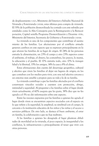 caracterización de las afectaciones del conflicto armado


de desplazamiento -uao-, Ministerio del Interior y Subsidio Nacional de
Vivienda y Fonvivienda cafam, estas últimas para compra de vivienda.
El 33% de la población desmovilizada ha contado con este subsidio por
entidades como la Alta Consejería para la Reintegración y la Reincor-
poración, Capital semilla Programa Desmovilización y Desarme -ddr-,
Ministerio del Interior, Secretaría de Gobierno y Fonvivienda cafam.
     La vivienda es uno de los componentes que contribuye al asenta-
miento de las familias. Las afectaciones por el conflicto armado
generan cambios en este aspecto que se expresan principalmente en lo
que añoran las familias de su lugar de origen. El 24% de las personas
extraña la alimentación, un 23% el campo y otro 23% aspectos como
el ambiente, el trabajo, el dinero, las costumbres, los paseos, la mamá,
la educación y el pueblo. El 17% extraña todo, otro 17% la tranqui-
lidad y la libertad, 15% los amigos, 14% la casa y 8% el clima.
     Estas afirmaciones dan cuenta del desarraigo geográfico, cultural
y afectivo que viven las familias al dejar sus lugares de origen; en los
que contaban con los medios para vivir, con una red afectiva cercana y
un entorno más amable y propicio para su vida y la de su familia.
     La vivienda contribuye a que las familias afectadas por el conflicto
construyan vínculos sociales y cuenten con protección, abrigo,
intimidad y seguridad. Al preguntar a las familias sobre el lugar donde
viven actualmente, el 60% asegura que les gusta, 38% dice que no les
agrada y el 1% no dió información sobre este aspecto.
     Entre las razones expuestas por las familias a quienes les agrada el
lugar donde viven se encuentran aspectos asociados con el espacio en
lo que refiere a la seguridad, la amplitud, su similitud con el campo, la
cercanía a la institución educativa de los niños y las niñas y el acceso a
servicios públicos. De otro lado, se destaca el buen ambiente, el estar
en familia, la colaboración y que no hay maltrato.
     A las familias a quienes les desagrada el lugar plantean difiul-
tades de movilidad en la vivienda, el poco espacio, la inseguridad y los
conflictos, la infraestructura y principalmente el tener que vivir con
otras personas.


                                                                             69
 