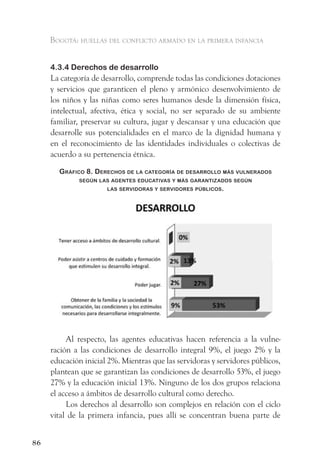 Bogotá: huellas del conflicto armado en la primera infancia


     4.3.4 Derechos de desarrollo
     La categoría de desarrollo, comprende todas las condiciones dotaciones
     y servicios que garanticen el pleno y armónico desenvolvimiento de
     los niños y las niñas como seres humanos desde la dimensión física,
     intelectual, afectiva, ética y social, no ser separado de su ambiente
     familiar, preservar su cultura, jugar y descansar y una educación que
     desarrolle sus potencialidades en el marco de la dignidad humana y
     en el reconocimiento de las identidades individuales o colectivas de
     acuerdo a su pertenencia étnica.

       gráfiCo 8. dereChos de la Categoría de desarrollo más vulnerados
             según las agentes eduCativas y más garantiZados según
                      las servidoras y servidores PúBliCos.




          Al respecto, las agentes educativas hacen referencia a la vulne-
     ración a las condiciones de desarrollo integral 9%, el juego 2% y la
     educación inicial 2%. Mientras que las servidoras y servidores públicos,
     plantean que se garantizan las condiciones de desarrollo 53%, el juego
     27% y la educación inicial 13%. Ninguno de los dos grupos relaciona
     el acceso a ámbitos de desarrollo cultural como derecho.
          Los derechos al desarrollo son complejos en relación con el ciclo
     vital de la primera infancia, pues allí se concentran buena parte de


86
 