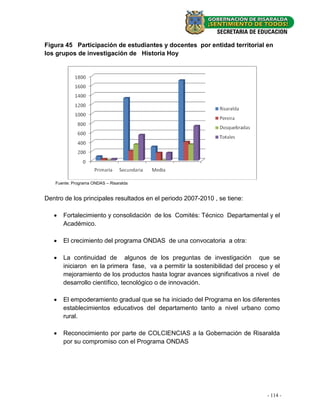 Figura 45 Participación de estudiantes y docentes por entidad territorial en
los grupos de investigación de Historia Hoy




   Fuente: Programa ONDAS – Risaralda


Dentro de los principales resultados en el periodo 2007-2010 , se tiene:

      Fortalecimiento y consolidación de los Comités: Técnico Departamental y el
       Académico.

      El crecimiento del programa ONDAS de una convocatoria a otra:

      La continuidad de algunos de los preguntas de investigación que se
       iniciaron en la primera fase, va a permitir la sostenibilidad del proceso y el
       mejoramiento de los productos hasta lograr avances significativos a nivel de
       desarrollo científico, tecnológico o de innovación.

      El empoderamiento gradual que se ha iniciado del Programa en los diferentes
       establecimientos educativos del departamento tanto a nivel urbano como
       rural.

      Reconocimiento por parte de COLCIENCIAS a la Gobernación de Risaralda
       por su compromiso con el Programa ONDAS




                                                                                --114--
                                                                                  28
 