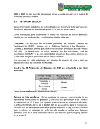 2008 a 2009 no son los más alentadores como se pudo apreciar en el cuadro de
Matricula- Eficiencia Interna.

2.4.   RETENCIÓN ESCOLAR

Según información estadística de la Subdirección de Cobertura de la Secretaria de
Educación, el índice de retención en el año 2009, estuvo en el 82.66%.

Como estrategias para incrementar el índice de retención se tienen diferentes
estrategias que se desarrollan con diferentes aliados, ellas son:


Gratuidad: Los recursos de Gratuidad provienen del Sistema General de
Participaciones (SGP), girados por el Gobierno Nacional a los Municipios y
Distritos, y destinados para la gratuidad de la educación preescolar, básica y media
del país. Los beneficiarios de estos recursos son los estudiantes nivel de
clasificación SISBEN 1 y 2, con Necesidades Educativas Especiales, alumnos de
poblaciones indígenas y en condición de desplazamiento.
Los recursos por cada estudiante, son girados de acuerdo al nivel o ciclo de
educación en que se encuentre matriculado.

Cuadro No. 12 Asignación de Recursos del SGP por estudiante y por nivel
educativo

                                Niveles y ciclos        RECURSOS POR
                                  educativos             ESTUDIANTE
                                 Preescolar y
                                                             34.000
                                   Primaria
                                 Secundaria y
                                                             61.000
                                    media
Fuente: Secretaria de Educación- Subdirección de Cobertura



Entrega de kits escolares: Como estrategia de acceso y permanencia de los
estudiantes matriculados en prescolar y primaria y que pertenecen a los estratos
socioeconòmicos 1,2,3, para que ingresen y permanezcan en el sistema educativo,
la entidad territorial a través de la gestión con las Cooperativas para la inversión de
recursos con los excedentes financieros que les determina la Ley. Los recursos han
sido invertidos en dotación de uniformes,kits escolares, restaurante, baterìas
sanitarias tanto en la zona rural como urbana, son descritos por municipio y periodo
en el anexo 4.


                                                                                  - 44 -
 