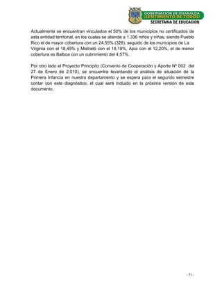 Actualmente se encuentran vinculados el 50% de los municipios no certificados de
esta entidad territorial, en los cuales se atiende a 1.336 niños y niñas, siendo Pueblo
Rico el de mayor cobertura con un 24,55% (328), seguido de los municipios de La
Virginia con el 18,49% y Mistrató con el 18,19%, Apia con el 12,20%, el de menor
cobertura es Balboa con un cubrimiento del 4,57%.

Por otro lado el Proyecto Principito (Convenio de Cooperación y Aporte Nº 002 del
27 de Enero de 2.010), se encuentra levantando el análisis de situación de la
Primera Infancia en nuestro departamento y se espera para el segundo semestre
contar con este diagnóstico, el cual será incluido en la próxima versión de este
documento.




                                                                                  - 51 -
 