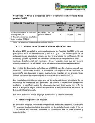 Cuadro No 17 Metas e indicadores para el incremento en el promedio de las
  pruebas SABER

   METAS DE PRODUCTOS                                                        INDICADOR
                                                     NOMBRE                   UNIDAD     LINEA      META
                                                                                DE         DE     2008-2011
                                                                              MEDIDA     BASE
Incrementar durante el cuatrienio, Promedio de las
en dos puntos, el                  pruebas SABER                                %        58,98%     61%
% del promedio de los resultados
de las pruebas SABER.
  Fuente: Plan de Desarrollo – Risaralda: Sentimiento de todos – 2008-2011


      4.1.3.1.       Analisis de los resultados Pruebas SABER año 2009

  En el año 2009 se realizó la tercera aplicación de las Pruebas SABER, en la cual
  participaron 8.074 mil estudiantes de quinto 4.741 y 3.333 de noveno grado de los
  establecimientos educativos oficiales de los 12 municipios no certificados. En los
  cuadros y gráficos siguientes se presentan los resultados comparativos a nivel
  nacional, departamental, por municipio, áreas y grados, datos que son insumo
  básico para la toma de decisiones de la Secretaria de Educación Departamental.

  Los niveles de desempeño definidos por el ICFES para la evluaciòn censal son:
  avanzado, satisfactorio, mínimo e insuficiente. Los significados de cada nivel de
  desempeño para las áreas y grados evaluados se registran en los anexos. Estos
  difieren de los que se adaptaron para la evaluación en el año 2005-2006.

  Los resultados obtenidos en cada uno de los establecimientos educativos de los
  municipios no certificados esta pendiente de rastrear la información, consignarla,
  analizarla e identificar cuáles de ellos presentan bajo desempeño, con el fin de
  entrar a apoyarlos, según directrices que emita el Despacho de la Secretaria de
  Educación Departamental .

  Las áreas evaluadas fueron lenguaje, matemáticas y ciencias naturales.

       Resultados pruebas de lenguaje

  La prueba de lenguaje evalúa las competencias de lectura y escritura. En la figura
  17 se presentan los resultados alcanzados por los estudiantes de grado 5º de los
  12 municipios no criticados, haciendo un comparativo con el nivel nacional y
  departamental.

                                                                                                      - 64 -
 