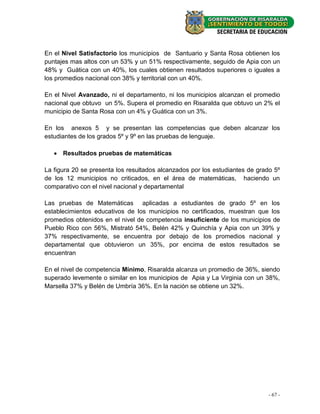 En el Nivel Satisfactorio los municipios de Santuario y Santa Rosa obtienen los
puntajes mas altos con un 53% y un 51% respectivamente, seguido de Apia con un
48% y Guática con un 40%, los cuales obtienen resultados superiores o iguales a
los promedios nacional con 38% y territorial con un 40%.

En el Nivel Avanzado, ni el departamento, ni los municipios alcanzan el promedio
nacional que obtuvo un 5%. Supera el promedio en Risaralda que obtuvo un 2% el
municipio de Santa Rosa con un 4% y Guática con un 3%.

En los anexos 5 y se presentan las competencias que deben alcanzar los
estudiantes de los grados 5º y 9º en las pruebas de lenguaje.

    Resultados pruebas de matemáticas

La figura 20 se presenta los resultados alcanzados por los estudiantes de grado 5º
de los 12 municipios no criticados, en el área de matemáticas, haciendo un
comparativo con el nivel nacional y departamental

Las pruebas de Matemáticas aplicadas a estudiantes de grado 5º en los
establecimientos educativos de los municipios no certificados, muestran que los
promedios obtenidos en el nivel de competencia insuficiente de los municipios de
Pueblo Rico con 56%, Mistrató 54%, Belén 42% y Quinchía y Apia con un 39% y
37% respectivamente, se encuentra por debajo de los promedios nacional y
departamental que obtuvieron un 35%, por encima de estos resultados se
encuentran

En el nivel de competencia Mínimo, Risaralda alcanza un promedio de 36%, siendo
superado levemente o similar en los municipios de Apia y La Virginia con un 38%,
Marsella 37% y Belén de Umbría 36%. En la nación se obtiene un 32%.




                                                                              - 67 -
 