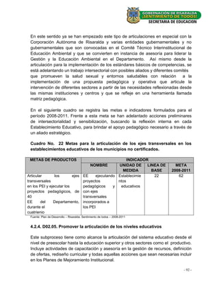 En este sentido ya se han empezado este tipo de articulaciones en especial con la
 Corporación Autónoma de Risaralda y varias entidades gubernamentales y no
 gubernamentales que son convocadas en el Comité Técnico Interinstitucional de
 Educación Ambiental y que se convierten en instancia de asesoría para liderar la
 Gestión y la Educación Ambiental en el Departamento. Así mismo desde la
 articulación para la implementación de los estándares básicos de competencias, se
 está adelantando un trabajo intersectorial con posibles aliados y diferentes comités
 que promueven la salud sexual y entornos saludables con relación                 a la
 implementación de una propuesta pedagógica y operativa que articule la
 intervención de diferentes sectores a partir de las necesidades reflexionadas desde
 las mismas instituciones y centros y que se refleje en una herramienta llamada
 matriz pedagógica.

 En el siguiente cuadro se registra las metas e indicadores formulados para el
 período 2008-2011. Frente a esta meta se han adelantado acciones preliminares
 de intersectorialidad y sensibilización, buscando la reflexión interna en cada
 Establecimiento Educativo, para brindar el apoyo pedagógico necesario a través de
 un aliado estratégico.

 Cuadro No. 22 Metas para la articulación de los ejes transversales en los
 establecimientos educativos de los municipios no certificados.

 METAS DE PRODUCTOS                                   INDICADOR
                                   NOMBRE        UNIDAD DE LINEA DE           META
                                                   MEDIDA       BASE        2008-2011
Articular       los       ejes EE     ejecutando Establecimie    22            62
transversales                  proyectos         ntos
en los PEI y ejecutar los      pedagógicos     y  educativos
proyectos pedagógicos, de con ejes
40                             transversales
EE      del    Departamento, incorporados a
durante el                     los PEI
cuatrienio
 Fuente: Plan de Desarrollo – Risaralda: Sentimiento de todos – 2008-2011


 4.2.4. D02.05. Promover la articulación de los niveles educativos

 Este subproceso tiene como alcance la articulación del sistema educativo desde el
 nivel de preescolar hasta la educación superior y otros sectores como el productivo.
 Incluye actividades de capacitación y asesoría en la gestión de recursos, definición
 de ofertas, rediseño curricular y todas aquellas acciones que sean necesarias incluir
 en los Planes de Mejoramiento Institucional.

                                                                                 - 92 -
 