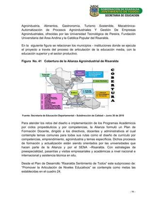 Agroindustria, Alimentos, Gastronomía, Turismo Sostenible, Mecatrónica-
Automatización de Procesos Agroindustriales Y Gestión De Empresas
Agroindustriales, ofrecidas por las Universidad Tecnológica de Pereira, Fundación
Universitaria del Área Andina y la Católica Popular del Risaralda.

En la siguiente figura se relacionan los municipios - instituciones donde se ejecuta
el proyecto a través del proceso de articulación de la educación media, con la
educación superior y el sector productivo.

Figura No. 41 Cobertura de la Alianza Agroindustrial de Risaralda




Fuente: Secretaria de Educación Departamental – Subdirección de Calidad – Junio 30 de 2010


Para atender los retos del diseño e implementación de los Programas Académicos
por ciclos propedéuticos y por competencias, la Alianza formuló un Plan de
Formación Docente, dirigido a los directivos, docentes y administrativos el cual
contempla temas comunes para todas sus rutas como el diseño de currículo por
competencias, emprendimiento, agroindustria y temas específicos. Dichos procesos
de formación y actualización están siendo orientados por las universidades que
hacen parte de la Alianza y por el SENA –Risaralda. Con estrategias de
preespecialidad, pasantías y visitas empresariales y académicas a nivel nacional e
internacional y asistencia técnica en situ.

Desde el Plan de Desarrollo “Risaralda Sentimiento de Todos” este subproceso de:
“Promover la Articulación de Niveles Educativos” se contempla como metas las
establecidas en el cuadro 24.




                                                                                             - 96 -
 