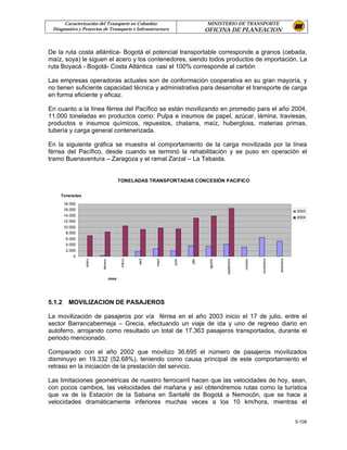 Caracterización del Transporte en Colombia                                 MINISTERIO DE TRANSPORTE
 Diagnostico y Proyectos de Transporte e Infraestructura                         OFICINA DE PLANEACION


De la ruta costa atlántica- Bogotá el potencial transportable corresponde a granos (cebada,
maíz, soya) le siguen el acero y los contenedores, siendo todos productos de importación. La
ruta Boyacá - Bogotá- Costa Atlántica casi el 100% corresponde al carbón

Las empresas operadoras actuales son de conformación cooperativa en su gran mayoría, y
no tienen suficiente capacidad técnica y administrativa para desarrollar el transporte de carga
en forma eficiente y eficaz.

En cuanto a la línea férrea del Pacífico se están movilizando en promedio para el año 2004,
11.000 toneladas en productos como: Pulpa e insumos de papel, azúcar, lámina, traviesas,
productos e insumos químicos, repuestos, chatarra, maíz, hubergloss, materias primas,
tubería y carga general contenerizada.

En la siguiente gráfica se muestra el comportamiento de la carga movilizada por la línea
férrea del Pacífico, desde cuando se terminó la rehabilitación y se puso en operación el
tramo Buenaventura – Zaragoza y el ramal Zarzal – La Tebaida.


                                         TONELADAS TRANSPORTADAS CONCESIÓN PACIFICO


    Toneladas

        18.000
        16.000                                                                                                                            2003
        14.000                                                                                                                            2004
        12.000
        10.000
         8.000
         6.000
         4.000
         2.000
             0
                                          marzo




                                                          mayo




                                                                                           septiembre




                                                                                                                  noviembre




                                                                                                                              diciembre
                                                  abril
                 enero




                                                                 junio




                                                                         julio




                                                                                  agosto




                                                                                                        octubre
                         febrero




                                   mes




5.1.2     MOVILIZACION DE PASAJEROS

La movilización de pasajeros por vía férrea en el año 2003 inicio el 17 de julio, entre el
sector Barrancabermeja – Grecia, efectuando un viaje de ida y uno de regreso diario en
autoferro, arrojando como resultado un total de 17.363 pasajeros transportados, durante el
periodo mencionado.

Comparado con el año 2002 que movilizo 36.695 el número de pasajeros movilizados
disminuyo en 19.332 (52.68%), teniendo como causa principal de este comportamiento el
retraso en la iniciación de la prestación del servicio.

Las limitaciones geométricas de nuestro ferrocarril hacen que las velocidades de hoy, sean,
con pocos cambios, las velocidades del mañana y así obtendremos rutas como la turística
que va de la Estación de la Sabana en Santafé de Bogotá a Nemocón, que se hace a
velocidades dramáticamente inferiores muchas veces a los 10 km/hora, mientras el


                                                                                                                                          5-108
 