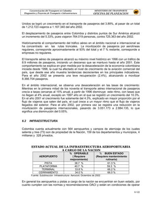 Caracterización del Transporte en Colombia                   MINISTERIO DE TRANSPORTE
 Diagnostico y Proyectos de Transporte e Infraestructura          OFICINA DE PLANEACION


Unidos se logró un crecimiento en el transporte de pasajeros del 3.89%, al pasar de un total
de 1.212.723 viajeros a 1.167.340 del año 2002.

El desplazamiento de pasajeros entre Colombia y distintos puntos de Sur América alcanzó
un incremento del 5.33%, pues viajaron 764.019 personas, contra 725.363 del año 2002.

Históricamente el comportamiento del tráfico aéreo en el ámbito nacional e internacional se
ha concentrado en las rutas troncales. La movilización de pasajeros por aerolíneas
regulares, corresponde aproximadamente al 93% del total y el 7 % restante, corresponde a
empresas no regulares.

El transporte aéreo de pasajeros alcanzó su máximo nivel histórico en 1996 con un tráfico de
8.9 millones de pasajeros, iniciando un descenso que se mantuvo hasta el año 2001. Este
comportamiento se explica en gran medida por la desaceleración de la economía colombiana
iniciada desde 1998, la cual ha afectado el nivel de crecimiento de la aviación comercial del
país, que desde ese año muestra tendencias decrecientes en los principales indicadores.
Para el año 2002 se presenta una leve recuperación (2.4%), alcanzando a movilizar
8.366.704 pasajeros.

En el ámbito internacional, se observa una desaceleración en las tasas de crecimiento:
Mientras en la primera mitad de los noventa el transporte aéreo internacional de pasajeros
crecía a tasas cercanas al 15% anual, a partir de 1996 disminuye este ritmo, con tasas que
no llegan al 4% anual, excepto en 1997 año en el que se registró un crecimiento del 10.3%.
En el año 2001 el crecimiento fue solamente del 4.3%, explicado en mayor proporción por el
flujo de viajeros que salen del país, el cual crece a un mayor ritmo que el flujo de viajeros
llegados del exterior. Para el año 2002, por primera vez se registra una reducción en la
movilización de pasajeros internacionales, pasando de 3.051.173 a 2.884.135, lo que
significa una disminución del 0.05%.


6.2   INFRAESTRUCTURA

Colombia cuenta actualmente con 564 aeropuertos y campos de aterrizaje de los cuales
setenta y tres (73) son de propiedad de la Nación, 159 de los departamentos y municipios, 4
militares y 328 privados.


        ESTADO ACTUAL DE LA INFRAESTRUCTURA AEROPORTUARIA
                       A CARGO DE LA NACION
                                                % OPERABLE              % BUEN ESTADO
                AEROPUERTO                       ( Requiere          (Requiere mantenimiento
                                                mejoramiento)               rutinario)
                    PISTA                          38.7 %                     61.3 %
                PLATAFORMA                         40.7 %                    59.3 %
                  TERMINAL                         33.8 %                     66.2 %
                CERRAMIENTO                        34.0 %                     66.0 %
        Fuente: Subdirección Infraestructura Aerocivil. Diciembre de 2002

En general los aeropuertos y pistas a cargo de la nación se encuentran en buen estado, por
cuanto cumplen con las normas y recomendaciones OACI y están en condiciones de operar

                                                                                               6-122
 