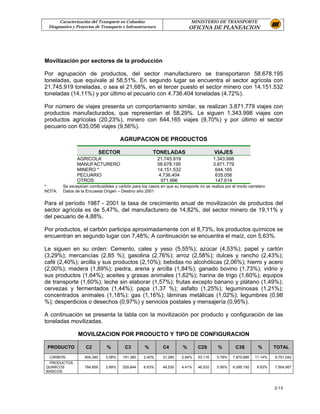 Caracterización del Transporte en Colombia                            MINISTERIO DE TRANSPORTE
 Diagnostico y Proyectos de Transporte e Infraestructura                    OFICINA DE PLANEACION




Movilización por sectores de la producción

Por agrupación de productos, del sector manufacturero se transportaron 58.678.195
toneladas, que equivale al 58,51%. En segundo lugar se encuentra el sector agrícola con
21.745.919 toneladas, o sea el 21,68%, en el tercer puesto el sector minero con 14.151.532
toneladas (14,11%) y por último el pecuario con 4.736.404 toneladas (4,72%).

Por número de viajes presenta un comportamiento similar, se realizan 3.871.779 viajes con
productos manufacturados, que representan el 58,29%. Le siguen 1.343.998 viajes con
productos agrícolas (20,23%), minero con 644,165 viajes (9,70%) y por último el sector
pecuario con 635,056 viajes (9,56%).

                                       AGRUPACION DE PRODUCTOS

                             SECTOR                    TONELADAS                         VIAJES
               AGRICOLA                                    21.745.919                    1.343.998
               MANUFACTURERO                               58.678.195                    3.871.779
               MINERO *                                    14.151.532                     644.165
               PECUARIO                                     4.736.404                     635.056
               OTROS                                         971.996                      147.614
*:      Se exceptúan combustibles y carbón para los casos en que su transporte no se realiza por el modo carretero
NOTA:   Datos de la Encuesta Origen – Destino año 2001


Para el período 1987 - 2001 la tasa de crecimiento anual de movilización de productos del
sector agrícola es de 5,47%, del manufacturero de 14,82%, del sector minero de 19,11% y
del pecuario de 4,88%.

Por productos, el carbón participa aproximadamente con el 8,73%, los productos químicos se
encuentran en segundo lugar con 7,48%; A continuación se encuentra el maíz, con 5,63%.

Le siguen en su orden: Cemento, cales y yeso (5,55%); azúcar (4,53%); papel y cartón
(3,29%); mercancías (2,85 %); gasolina (2,76%); arroz (2,58%); dulces y rancho (2,43%);
café (2,40%); arcilla y sus productos (2,10%); bebidas no alcohólicas (2,06%); hierro y acero
(2,00%); madera (1,89%); piedra, arena y arcilla (1,84%); ganado bovino (1,73%); vidrio y
sus productos (1,64%); aceites y grasas animales (1,62%); harina de trigo (1,60%); equipos
de transporte (1,60%); leche sin elaborar (1,57%); frutas excepto banano y plátano (1,49%);
cervezas y fermentados (1,44%); papa (1,37 %); asfalto (1,25%); leguminosas (1,21%);
concentrados animales (1,18%); gas (1,16%); láminas metálicas (1,02%); legumbres (0,98
%); desperdicios o desechos (0,97%) y servicios postales y mensajería (0,95%).

A continuación se presenta la tabla con la movilización por producto y configuración de las
toneladas movilizadas.

                MOVILIZACION POR PRODUCTO Y TIPO DE CONFIGURACION

 PRODUCTO           C2         %        C3        %          C4         %       C2S        %         C3S       %       TOTAL

  CARBON           604,390     3.08%   191,360    2.40%      31,290     2.84%   53,116    5.78%   7,870,886   11.14%   8,751,042
 PRODUCTOS
QUIMICOS           784,859     3.99%   529,844    6.63%      48,530     4.41%   46,532    5.06%   6,095,192   8.63%    7,504,957
BASICOS



                                                                                                                       2-13
 