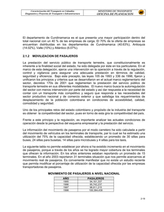 Caracterización del Transporte en Colombia                  MINISTERIO DE TRANSPORTE
 Diagnostico y Proyectos de Transporte e Infraestructura         OFICINA DE PLANEACION




El departamento de Cundinamarca es el que presenta una mayor participación dentro del
total nacional con un 40 % de las empresas de carga. El 70% de la oferta de empresas se
encuentran distribuidas en los departamentos de Cundinamarca (40.63%), Antioquia
(14.02%), Valle (10%) y Atlántico (6.07%).

2.1.2   MOVILIZACION DE PASAJEROS

La prestación del servicio público de transporte terrestre, que constitucionalmente es
inherente a la finalidad social del estado, ha sido delegada por éste en los particulares. En el
marco de esta delegación, ejerce una intervención en la operación a través de la regulación,
control y vigilancia para asegurar una adecuada prestación en términos de calidad,
seguridad y eficiencia. Bajo este precepto, las leyes 105 de 1993 y 336 de 1996, fijaron y
unificaron los principios y criterios que se desarrollaron en el actual marco reglamentario del
sector, decretos 170s de 2001 que reglamentan la prestación del servicio público de
transporte terrestre en sus diferentes modalidades. El nuevo marco busca la autorregulación
del sector con menos intervención por parte del estado y así dar respuesta a la necesidad de
contar con un transporte más competitivo y seguro que responda a las necesidades del
sector productivo nacional y de comercio exterior y que satisfaga los requerimientos de
desplazamiento de la población colombiana en condiciones de accesibilidad, calidad,
comodidad y seguridad.

Uno de los principales retos del estado colombiano y propósito de la industria del transporte
es obtener la competitividad del sector, pues en torno de esta gira la competitividad del país.

Frente a este principio y la regulación, es importante analizar las actuales condiciones de
operación desde la perspectiva del esquema empresarial y la prestación del servicio.

La información del movimiento de pasajeros por el modo carretero ha sido calculada a partir
del movimiento de vehículos en los terminales de transporte, par lo cual se ha estimado una
utilización del 75% de la capacidad ofrecida, estableciendo un promedio de 30 sillas para
buses, 24 sillas para busetas, 14 sillas para microbuses y 4 sillas para los taxis.

La siguiente tabla no permite establecer por ahora si ha existido incremento en el movimiento
de pasajeros, porque a través de los años se ha logrado mayor cobertura de los terminales
que ofrecen la información. En los años anteriores estaban reportando un promedio de 15
terminales. En el año 2003 reportaron 31 terminales situación que nos permite acercarnos al
movimiento real de pasajeros. Es conveniente manifestar que no existe un estudio reciente
que permita modificar el porcentaje de utilización de la capacidad ofrecida por las empresas
transportadoras de pasajeros.

                        MOVIMIENTO DE PASAJEROS A NIVEL NACIONAL
                                       AÑO                 PASAJEROS
                                       1995                 94,161,337
                                       1996                 95,742,237
                                       1997                 98,911,215
                                       1998                100,364,439


                                                                                             2-18
 