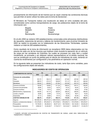 Caracterización del Transporte en Colombia                             MINISTERIO DE TRANSPORTE
  Diagnostico y Proyectos de Transporte e Infraestructura                    OFICINA DE PLANEACION


procesamiento de información de tal manera que se vayan creando las condiciones técnicas
que permiten al sector utilizar los datos para la toma de decisiones1.

El Ministerio de Transporte realiza una recolección de datos en ocho ciudades del país,
consideradas como centros transportadores de carga, las poblaciones objeto de la toma de
información son:
                     Bogotá                                 Pasto
                     Medellín                               Duitama
                     Cali                                   Ibagué
                     Barranquilla                           Bucaramanga

En el año 2002 se visitaron 200 establecimientos comerciales entre almacenes distribuidores
de repuestos, estaciones de servicio y talleres de mantenimiento; para el primer trimestre de
2003 se realizó la encuesta con la colaboración de las Direcciones Territoriales, quienes
visitaron un total de 200 establecimientos.

Como resultado de la toma de información se recopilaron 9000 datos relacionados con los
precios de cada uno de los insumos que implican costo durante la operación de un vehículo
de carga por las carreteras de Colombia; los cuales se procesan por cada ítem y ciudad
inicialmente, se promedia y así obtienen valores representativos en el ámbito nacional, los
que se constituyen en punto de partida para el cálculo de indicadores de costo, teniendo en
cuenta los rendimientos por configuración y los parámetros en operación normal.

En la siguiente tabla se presentan los indicadores de costo, tanto fijos como variables, para
las configuraciones objeto del estudio.

                                  INDICADORES DE COSTO DE OPERACION
                                                 C2                               C3                               CS
COMPONENTES DE COSTOS
                                      2002              2003          2002               2003          2002               2003
Consumo de combustibles
Plano                                  351,70            404,13         238,30            271,65         427,69            487,53
Ondulado                               498,76            573,12         325,58            371,13         581,10            662,40
Montañoso                              726,52            834,83         471,60            537,58         837,73            954,94
Consumo de llantas                     130,58            128,82         211,34            209,03         357,41            354,05
Consumo de lubricantes                  28,66             30,45          44,76             47,23          54,22             57,34
Consumo de filtros                      11,64             10,73          22,09             26,12          35,24             37,94
Mantenimiento y reparaciones           164,90            191,10         320,50            346,25         359,05            384,50
Lavado y engrase                         25,88             23,99         37,76              32,39         38,91             43,20
Imprevistos                             27,12             28,88          47,73             49,58          63,36             65,78
COSTOS VARIABLES KM                    388,79            413,97         684,19            710,59         911,19            942,81
Seguros                             603.982,06        605.070,22   1.828.478,58    1.828.979,58     2.045.455,77    2.045.956,77
Salarios y prestaciones básicas     910.478,80        978.249,07    910.478,80         978.249,07    910.478,80         978.249,07
Parqueadero                          70.749,90         85.208,40     85.071,30         100.749,90    104.124,90         125.833,20
Impuestos de rodamiento               9.962,92         10.344,58     17.733,75          18.412,92     30.283,75          31.443,75




1 FUENTE: ESTUDIO ACTUALIZACION DE COSTOS DE TRANSPORTE DE CARGA. JUNIO 2003. DIRECCION DE
TRANSPORTE Y TRANSITO


                                                                                                                              2-20
 