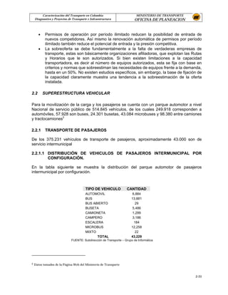 Caracterización del Transporte en Colombia                        MINISTERIO DE TRANSPORTE
    Diagnostico y Proyectos de Transporte e Infraestructura               OFICINA DE PLANEACION



      •    Permisos de operación por período ilimitado reducen la posibilidad de entrada de
           nuevos competidores. Así mismo la renovación automática de permisos por período
           ilimitado también reduce el potencial de entrada y la presión competitiva.
      •    La sobreoferta se debe fundamentalmente a la falta de verdaderas empresas de
           transporte, estas son básicamente organizaciones afiliadoras, que explotan las Rutas
           y Horarios que le son autorizados. Si bien existen limitaciones a la capacidad
           transportadora, es decir al número de equipos autorizados, esta se fija con base en
           criterios y normas que sobreestiman las necesidades de equipos frente a la demanda,
           hasta en un 50%. No existen estudios específicos, sin embargo, la base de fijación de
           la capacidad claramente muestra una tendencia a la sobreestimación de la oferta
           instalada.

2.2       SUPERESTRUCTURA VEHICULAR

Para la movilización de la carga y los pasajeros se cuenta con un parque automotor a nivel
Nacional de servicio público de 514.845 vehículos, de los cuales 249.918 corresponden a
automóviles, 57.928 son buses, 24.301 busetas, 43.084 microbuses y 98.380 entre camiones
y tractocamiones2

2.2.1      TRANSPORTE DE PASAJEROS

De los 375.231 vehículos de transporte de pasajeros, aproximadamente 43.000 son de
servicio intermunicipal

2.2.1.1 DISTRIBUCIÓN DE VEHICULOS DE PASAJEROS INTERMUNICIPAL POR
        CONFIGURACIÓN.

En la tabla siguiente se muestra la distribución del parque automotor de pasajeros
intermunicipal por configuración.



                                        TIPO DE VEHICULO            CANTIDAD
                                        AUTOMOVIL                        6,884
                                        BUS                             13,881
                                        BUS ABIERTO                        29
                                        BUSETA                           5,486
                                        CAMIONETA                        1,299
                                        CAMPERO                          3,186
                                        ESCALERA                          184
                                        MICROBUS                        12,258
                                        MIXTO                              22
                                              TOTAL                     43,229
                              FUENTE: Subdirección de Transporte – Grupo de Informática




2   Datos tomados de la Página Web del Ministerio de Transporte


                                                                                                      2-33
 