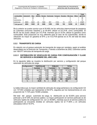 Caracterización del Transporte en Colombia                       MINISTERIO DE TRANSPORTE
 Diagnostico y Proyectos de Transporte e Infraestructura           OFICINA DE PLANEACION


                                       Bus                                                          Total
 combustible      Automóvil   Bus     Abierto Buseta Camioneta Campero Escalera Microbus   Mixto   general
GAS                             26               6                 1                  5               38
GAS/GASOL                       6                1                                    5               12
GASOLINA            6683      4645     22      1682         991   3154      72      6737     1      23987
 Total general      6884      13881    29      5486        1299   3186      184    12258    22      43229


De lo anterior se puede concluir que el 55.49% de los vehículos intermunicipal de pasajeros
en Colombia consumen Gasolina y el 44.40% utilizan el A.C.P.M. como combustible. El
66.3% de los buses utilizan por A.C.P.M. mientras que el 33.5% utilizan la gasolina como
combustible. Esta proporción es muy diferente para el caso de los automóviles, donde la
utilización es mayor en gasolina el 97% y en A.C.P.M apenas es el 3% del total de estos
vehículos.

2.2.2    TRANSPORTE DE CARGA

En relación con el parque automotor de transporte de carga por carretera, según el análisis
desarrollado por la Dirección de Transporte y Tránsito a diciembre de 2002, Colombia cuenta
con 168.077 vehículos de transporte de carga.

2.2.2.1 DISTRIBUCIÓN DE VEHICULOS DE CARGA POR CONFIGURACIÓN Y CLASE
        DE SERVICIO A DICIEMBRE DEL AÑO 2.002.

En la siguiente tabla se muestra la distribución por servicio y configuración del parque
automotor de vehículos de carga.
                 Configuración     PARTICULAR          PÚBLICO            TOTAL
                                 Cantidad   %      Cantidad    %     Cantidad   %
                     C2              68.737 95,88     69.206   71,80   137.943  82,07
                     C3               1.764   2,46     7.533    7,82      9.297  5,53
                     C4                  11   0,02       182    0,19        193  0,11
                     C2S                256   0,36       694    0,72        950  0,57
                     C3S                925   1,29    18.769   19,47    19.694  11,72
                    TOTAL            71.693   100     96.384     100   168.077    100
                      %               42,65 %          57,35   %       100




La tabla indica que, la mayor cantidad de vehículos de carga pertenece a la configuración C2
con 137.943 unidades que representan el 82.07%, seguidos por los tractocamiones en una
proporción de 11.72% para 19.694 unidades.

Del total del parque automotor de carga, la distribución es de 42.65% para servicio
particular y el 57.35% de servicio público. La mayor participación en servicio particular es de
vehículos rígidos de configuración C2, con un 95.88%, mientras que en el servicio público la
participación se encuentra dividida en vehículos rígidos C2 el 71.80% y en vehículos
articulados C3S el 19.47%.




                                                                                                       2-37
 
