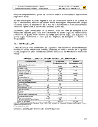 Caracterización del Transporte en Colombia                          MINISTERIO DE TRANSPORTE
  Diagnostico y Proyectos de Transporte e Infraestructura                 OFICINA DE PLANEACION


transporte complementarios, que de las situaciones internas o condiciones de operación del
propio modo fluvial.

Por esto el transporte fluvial ha llegado al nivel de subutilización actual. A los puertos no
llega la infraestructura adecuada de los otros modos de transporte complementarios y si por
casualidad existen, la disponibilidad de la flota no es la suficiente ni de las características
adecuadas y por lo tanto, el rendimiento o eficiencia es muy baja.

Actualmente, como consecuencia de lo anterior, existe una flota de transporte fluvial
inadecuada, obsoleta, pero sobre todo subutilizada, no existe carga; las embarcaciones
permanecen en puerto mucho tiempo esperando conseguir la carga. Esta subutilización
genera bajos rendimientos y hace que las empresas de transporte se debiliten o
desaparezcan.

3.2.1    RIO MAGDALENA

La flota fluvial que opera en el sistema del Magdalena, está discriminada en las estadísticas
oficiales por tipo de embarcación, tamaño y capacidad, tal como se muestra en el siguiente
cuadro, adaptado de cifras tomadas textualmente del Anuario del Ministerio de Transporte
(1999).

                PARQUE FLUVIAL EN LA CUENCA FLUVIAL DEL MAGDALENA
                    Embarcaciones                    Número           Capacidad                 Capacidad
                                                                  Transportadora (ton)       Remolcadora (ton)
         - Embarcaciones mayores
        Remolcadores                                    112               4,959                    206,966
        Botes > 25 ton                                  514              238,640
        Botemotor > 25 ton                              50                2,317                     7,462
        Motocanoas > 25 ton                              3                  77
        Lanchas > 25 ton (*)                            118               1,349                     34,416
        Dragas                                           16               1,968                      133
        Transbordadores                                   8               1,247
        Transportes especiales                           23               5,560                      511
        Total emb. mayores                              844              256,117                   249,488
         - Embarcaciones menores
        Botes < 25 ton                                   5                  88
        Botemotor < 25 ton                              26                  160
        Motocanoas < 25 ton                             409                1,359
        Lanchas < 25 ton                                 11                 110
        Chalupas                                        799                 869
        Canoas                                           22                  0
        Canoas motor fuera de borda                    1,176               1,481
        Embarcaciones jet - ski                          78
        Total emb. menores                             2,526              4,067                        0
          Buque Explorador (hidrometría)                  1                 18
        Total en la Cuenca                             3,371             260,202                   249,488
FUENTE: Anuario Estadístico de Transporte Fluvial 1998 – 1999. Ministerio de Transporte – Dirección de Transporte Fluvial –
Subdirección de Tráfico Fluvial.
(*) Ver aclaración en texto

En relación con el cuadro anterior cabe anotar lo siguiente:




                                                                                                                      3-72
 