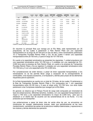 Caracterización del Transporte en Colombia                                     MINISTERIO DE TRANSPORTE
  Diagnostico y Proyectos de Transporte e Infraestructura                         OFICINA DE PLANEACION



                                                   PUNTAL                DESPLAZAMI     CAPACIDAD    CAPACIDAD
                                ESLORA   MANGA                CALADO                                              POTENCIA    EDAD
                                                  COSTADO                ENTO VACIO   TRANSPORTADO   REMOLCADO
                                  (m)     (m)                VACIO (m)                                              (H.P.)   (AÑOS)
                                                     (m)                     (m)         RA (Ton)       RA
                   NOMBRE DE
        TIPO      EMBARCACIÓN

     Propulsor   YURURO          22.90     5.40       1.45        0.77        89.19          35.35     1,720.38     750.00       25

     Propulsor   LA COSTEÑA      40.20     7.40       1.20        0.45       105.23         111.29       503.82     296.00       23

     Propulsor   PARABARA        36.10     5.58       1.17        0.30        52.94          97.49       216.90     148.00       19

     Bote        CUBILLOS        49.45     8.90       1.60        0.30       112.34         409.84                               25

     Bate        EL GAVILAN      47.30    11.80       1.50        0.20        95.99         527.35                               25

     Bate        EL AGUILA       44.00    13.30       1.45        0.40       173.95         369.80                               26

     Bate        MARIANO MEL     36.02     8.10       1.21        0.42        96.19         130.28                               25

     Bate        PUERTO LOPEZ    49.85    13.60       1.56        0.40       237.59         548.54                               25

     Bate        EL CORSARIO     46.71     8.62       1.20        0.40       127.40         197.50                               24

     Bate        EL APURE        43.50    12.00       1.40        0.40       177.60         352.80                               24
                 RIO
     Bate        MAGDALENA       50.00    13.60       1.52        0.20       112.20         634.64                               21

     Bate        PETROLERO       31.30     6.95       1.02        0.23        43.28          99.78                               18

     Bate        RIO TOMO        35.50     8.50       1.30        0.33        80.08         187.65                               15
FUENTE: Estudio de Demanda del Río Meta


En resumen la principal flota que navega por el Río Meta, está representada por 20
propulsores, de los cuales 4 pertenecen a Félix Ramón Plata con una capacidad
transportadora en el rango de 25-100 tons en tres de ellos y otros remolcadores pertenecen
10 a Transportes Fluviales Ramón Plata y Cía, de las cuales 4 tienen una capacidad
transportadora entre 25-100 tons y 3 para el rango de 101-700 tons.

En cuanto a la capacidad remolcadora se presentan los siguientes: 1 unidad propulsora con
una capacidad remolcadora entre 101-700 tons y 3 unidades con una capacidad de 701-
2,000 tons para la empresa de Felix Ramón Plata, en cuanto a la empresa de Transportes
Fluviales Ramón Plata y Cía se registran 5 unidades con una capacidad remolcadora entre
101-700 tons y 5 con una capacidad entre 701-2,000 tons.

Por consideraciones de orden técnico, a pesar de tener capacidad transportadora, a los
remolcadores no se les permite llevar carga a excepción de la correspondiente al
combustible, a los equipos accesorios, a la tripulación y demás peso propio de los elementos
requeridos para la operación.

En la flota transportadora se cuenta con un total de 16 botes, de los cuales 10 pertenecen a
la flota de Transportes fluviales Ramón Plata y Cía compuestos por 1 con capacidad
transportadora entre 25-100 tons y 9 para el rango entre 101-700 tons. Los otros botes
pertenecen a las 5 empresas restantes que navegan por el Río Meta.

En general, se observa que el Parque Fluvial de carga está compuesto por diversidad de
tipos de embarcaciones, diferentes tamaños, modelos, con una capacidad transportadora no
mayor a 700 tons y una capacidad remolcadora no mayor de 2,000 tons, pero que no
obedecen a un diseño tipo de acuerdo con las características de la vía fluvial, ni a los
productos que se transportan.

Las embarcaciones a pesar de tener más de veinte años de uso, se encuentran en
condiciones de navegar relativamente buenas, dado que periódicamente se les hace
mantenimiento, cambiando las partes de la estructura metálica deterioradas y reparaciones a
los motores y demás elementos de operación.


                                                                                                                                      3-77
 