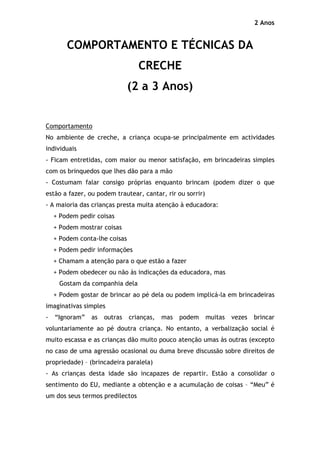 2 Anos


        COMPORTAMENTO E TÉCNICAS DA
                                  CRECHE
                               (2 a 3 Anos)


Comportamento
No ambiente de creche, a criança ocupa-se principalmente em actividades
individuais
- Ficam entretidas, com maior ou menor satisfação, em brincadeiras simples
com os brinquedos que lhes dão para a mão
- Costumam falar consigo próprias enquanto brincam (podem dizer o que
estão a fazer, ou podem trautear, cantar, rir ou sorrir)
- A maioria das crianças presta muita atenção à educadora:
    + Podem pedir coisas
    + Podem mostrar coisas
    + Podem conta-lhe coisas
    + Podem pedir informações
    + Chamam a atenção para o que estão a fazer
    + Podem obedecer ou não às indicações da educadora, mas
     Gostam da companhia dela
    + Podem gostar de brincar ao pé dela ou podem implicá-la em brincadeiras
imaginativas simples
-   “Ignoram”   as   outras    crianças,   mas   podem     muitas   vezes   brincar
voluntariamente ao pé doutra criança. No entanto, a verbalização social é
muito escassa e as crianças dão muito pouco atenção umas às outras (excepto
no caso de uma agressão ocasional ou duma breve discussão sobre direitos de
propriedade) – (brincadeira paralela)
- As crianças desta idade são incapazes de repartir. Estão a consolidar o
sentimento do EU, mediante a obtenção e a acumulação de coisas – “Meu” é
um dos seus termos predilectos
 