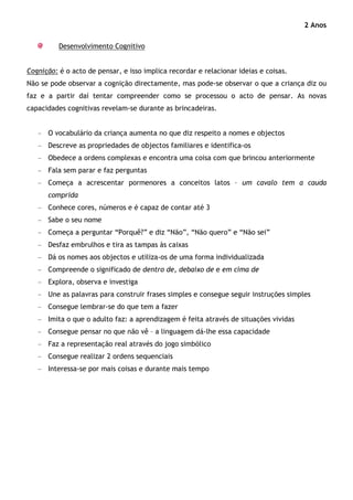 2 Anos

          Desenvolvimento Cognitivo


Cognição: é o acto de pensar, e isso implica recordar e relacionar ideias e coisas.
Não se pode observar a cognição directamente, mas pode-se observar o que a criança diz ou
faz e a partir daí tentar compreender como se processou o acto de pensar. As novas
capacidades cognitivas revelam-se durante as brincadeiras.


   - O vocabulário da criança aumenta no que diz respeito a nomes e objectos
   - Descreve as propriedades de objectos familiares e identifica-os
   - Obedece a ordens complexas e encontra uma coisa com que brincou anteriormente
   - Fala sem parar e faz perguntas
   - Começa a acrescentar pormenores a conceitos latos – um cavalo tem a cauda
      comprida
   - Conhece cores, números e é capaz de contar até 3
   - Sabe o seu nome
   - Começa a perguntar “Porquê?” e diz “Não”, “Não quero” e “Não sei”
   - Desfaz embrulhos e tira as tampas às caixas
   - Dá os nomes aos objectos e utiliza-os de uma forma individualizada
   - Compreende o significado de dentro de, debaixo de e em cima de
   - Explora, observa e investiga
   - Une as palavras para construir frases simples e consegue seguir instruções simples
   - Consegue lembrar-se do que tem a fazer
   - Imita o que o adulto faz: a aprendizagem é feita através de situações vividas
   - Consegue pensar no que não vê – a linguagem dá-lhe essa capacidade
   - Faz a representação real através do jogo simbólico
   - Consegue realizar 2 ordens sequenciais
   - Interessa-se por mais coisas e durante mais tempo
 