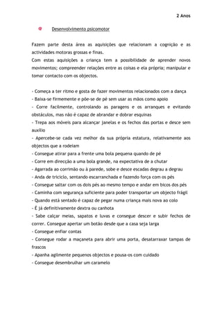 2 Anos

          Desenvolvimento psicomotor


Fazem parte desta área as aquisições que relacionam a cognição e as
actividades motoras grossas e finas.
Com estas aquisições a criança tem a possibilidade de aprender novos
movimentos; compreender relações entre as coisas e ela própria; manipular e
tomar contacto com os objectos.


- Começa a ter ritmo e gosta de fazer movimentos relacionados com a dança
- Baixa-se firmemente e põe-se de pé sem usar as mãos como apoio
- Corre facilmente, controlando as paragens e os arranques e evitando
obstáculos, mas não é capaz de abrandar e dobrar esquinas
- Trepa aos móveis para alcançar janelas e os fechos das portas e desce sem
auxílio
- Apercebe-se cada vez melhor da sua própria estatura, relativamente aos
objectos que a rodeiam
- Consegue atirar para a frente uma bola pequena quando de pé
- Corre em direcção a uma bola grande, na expectativa de a chutar
- Agarrada ao corrimão ou à parede, sobe e desce escadas degrau a degrau
- Anda de triciclo, sentando escarranchada e fazendo força com os pés
- Consegue saltar com os dois pés ao mesmo tempo e andar em bicos dos pés
- Caminha com segurança suficiente para poder transportar um objecto frágil
- Quando está sentado é capaz de pegar numa criança mais nova ao colo
- É já definitivamente dextra ou canhota
- Sabe calçar meias, sapatos e luvas e consegue descer e subir fechos de
correr. Consegue apertar um botão desde que a casa seja larga
- Consegue enfiar contas
- Consegue rodar a maçaneta para abrir uma porta, desatarraxar tampas de
frascos
- Apanha agilmente pequenos objectos e pousa-os com cuidado
- Consegue desembrulhar um caramelo
 