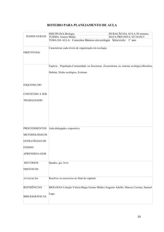 19
ROTEIRO PARA PLANEJAMENTO DE AULA
DADOS GERAIS
DISCIPLINA:Biologia DURAÇÃO DA AULA:50 minutos
TURMA: Ensino Médio DATA PREVISTA: 02/10/2013
TEMA DA AULA: Conceitos Básicos em ecologia Série/ciclo: 1° ano
OBJETIVO(S)
Caracterizar cada níveis de organização em ecologia
ESQUEMA DO
CONTEÚDO A SER
TRABALHADO
Espécie , População,Comunidade ou biocenose ,Ecossistema ou sistema ecológico,Biosfera,
Habitat, Nicho ecológico, Ecótono
PROCEDIMENTOS
METODOLÓGICOS
ESTRATÉGIAS DE
ENSINO
APRENDIZA-GEM
Aula dialogada e expositiva
RECURSOS
DIDÁTICOS
Quadro, giz, livro
AVALIAÇÃO Resolver os exercícios no final do capitulo
REFERÊNCIAS
BIBLIOGRÁFICAS
BIOLOGIA Coleção Vitória-Régia Ensino Médio (Augusto Adolfo, Marcos Crozeta, Samuel
Lago.
 