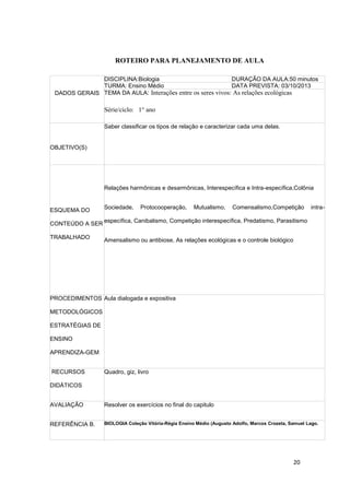 20
ROTEIRO PARA PLANEJAMENTO DE AULA
DADOS GERAIS
DISCIPLINA:Biologia DURAÇÃO DA AULA:50 minutos
TURMA: Ensino Médio DATA PREVISTA: 03/10/2013
TEMA DA AULA: Interações entre os seres vivos: As relações ecológicas
Série/ciclo: 1° ano
OBJETIVO(S)
Saber classificar os tipos de relação e caracterizar cada uma delas.
ESQUEMA DO
CONTEÚDO A SER
TRABALHADO
Relações harmônicas e desarmônicas, Interespecífica e Intra-específica,Colônia
Sociedade, Protocooperação, Mutualismo, Comensalismo,Competição intra-
específica, Canibalismo, Competição interespecífica, Predatismo, Parasitismo
Amensalismo ou antibiose, As relações ecológicas e o controle biológico
PROCEDIMENTOS
METODOLÓGICOS
ESTRATÉGIAS DE
ENSINO
APRENDIZA-GEM
Aula dialogada e expositiva
RECURSOS
DIDÁTICOS
Quadro, giz, livro
AVALIAÇÃO Resolver os exercícios no final do capitulo
REFERÊNCIA B. BIOLOGIA Coleção Vitória-Régia Ensino Médio (Augusto Adolfo, Marcos Crozeta, Samuel Lago.
 