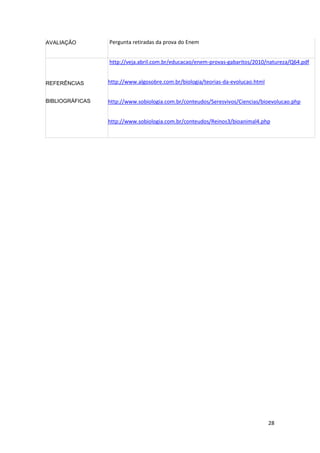 28
AVALIAÇÃO Pergunta retiradas da prova do Enem
REFERÊNCIAS
BIBLIOGRÁFICAS
http://veja.abril.com.br/educacao/enem-provas-gabaritos/2010/natureza/Q64.pdf
http://www.algosobre.com.br/biologia/teorias-da-evolucao.html
http://www.sobiologia.com.br/conteudos/Seresvivos/Ciencias/bioevolucao.php
http://www.sobiologia.com.br/conteudos/Reinos3/bioanimal4.php
 
