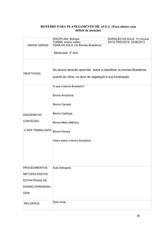30
ROTEIRO PARA PLANEJAMENTO DE AULA (Para alunos com
déficit de atenção)
DADOS GERAIS
DISCIPLINA: Biologia DURAÇÃO DA AULA: 15 minutos
TURMA: ensino médio DATA PREVISTA: 25/06/2013
TEMA DA AULA: Os Biomas Brasileiros
Série/ciclo: 3° ano
OBJETIVO(S)
Os alunos deverão aprender sobre a classificar os biomas Brasileiros
quanto ao clima, os tipos de vegetação e sua localização
ESQUEMA DO
CONTEÚDO
A SER TRABALHADO
O que e bioma Brasileiro?
Bioma Amazônia
Bioma Cerrado
Bioma Caatinga
Bioma Mata Atlântica
Bioma Pampa
Video sobre o bioma Amazônia
PROCEDIMENTOS
METODOLÓGICOS
ESTRATÉGIAS DE
ENSINO APRENDIZA-
GEM
Aula dialogada
RECURSOS
Data show
 