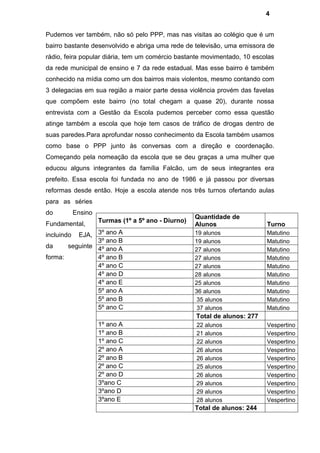 4


Pudemos ver também, não só pelo PPP, mas nas visitas ao colégio que é um
bairro bastante desenvolvido e abriga uma rede de televisão, uma emissora de
rádio, feira popular diária, tem um comércio bastante movimentado, 10 escolas
da rede municipal de ensino e 7 da rede estadual. Mas esse bairro é também
conhecido na mídia como um dos bairros mais violentos, mesmo contando com
3 delegacias em sua região a maior parte dessa violência provém das favelas
que compõem este bairro (no total chegam a quase 20), durante nossa
entrevista com a Gestão da Escola pudemos perceber como essa questão
atinge também a escola que hoje tem casos de tráfico de drogas dentro de
suas paredes.Para aprofundar nosso conhecimento da Escola também usamos
como base o PPP junto às conversas com a direção e coordenação.
Começando pela nomeação da escola que se deu graças a uma mulher que
educou alguns integrantes da família Falcão, um de seus integrantes era
prefeito. Essa escola foi fundada no ano de 1986 e já passou por diversas
reformas desde então. Hoje a escola atende nos três turnos ofertando aulas
para as séries
do       Ensino
                                                  Quantidade de
                  Turmas (1º a 5º ano - Diurno)
Fundamental,                                      Alunos                  Turno
incluindo EJA, 3º ano A                           19 alunos               Matutino
                 3º ano B                         19 alunos               Matutino
da      seguinte 4º ano A
                                                  27 alunos               Matutino
forma:           4º ano B                         27 alunos               Matutino
                 4º ano C                         27 alunos               Matutino
                 4º ano D                         28 alunos               Matutino
                 4º ano E                         25 alunos               Matutino
                 5º ano A                         36 alunos               Matutino
                 5º ano B                          35 alunos              Matutino
                 5º ano C                          37 alunos              Matutino
                                                  Total de alunos: 277
                  1º ano A                        22 alunos               Vespertino
                  1º ano B                        21 alunos               Vespertino
                  1º ano C                        22 alunos               Vespertino
                  2º ano A                        26 alunos               Vespertino
                  2º ano B                        26 alunos               Vespertino
                  2º ano C                        25 alunos               Vespertino
                  2º ano D                        26 alunos               Vespertino
                  3ºano C                         29 alunos               Vespertino
                  3ºano D                         29 alunos               Vespertino
                  3ºano E                         28 alunos               Vespertino
                                                  Total de alunos: 244
 