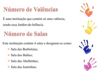 É uma instituição que contém só uma valência, sendo essa Jardim-de-Infância. Esta instituição contém 4 salas e designam-se como: Sala das Borboletas; Sala dos Balões; Sala das Abelhinhas; Sala das Joaninhas; 
