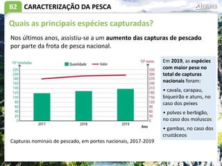 B2 CARACTERIZAÇÃO DA PESCA
Quais as principais espécies capturadas?
Nos últimos anos, assistiu-se a um aumento das capturas de pescado
por parte da frota de pesca nacional.
Capturas nominais de pescado, em portos nacionais, 2017-2019
Em 2019, as espécies
com maior peso no
total de capturas
nacionais foram:
• cavala, carapau,
biqueirão e atuns, no
caso dos peixes
• polvos e berbigão,
no caso dos moluscos
• gambas, no caso dos
crustáceos
 