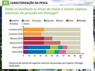 B2 CARACTERIZAÇÃO DA PESCA
Estrutura do volume de capturas nominais de pescado, por espécie, Portugal,
2018-2019
Onde se localizam as áreas de maior e menor captura
nominais de pescado em Portugal?
 
