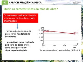 B2 CARACTERIZAÇÃO DA PESCA
Quais as características da mão de obra?
 diminuição do número de
pescadores - tendência de
decréscimo
 evolução negativa registada
pela frota de pesca e teve
como principal causa o
abandono da atividade
Os pescadores nacionais são cada
vez menos e estão cada vez mais
envelhecidos:
Pescadores nacionais matriculados, 2016-2019
 