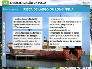 B2 CARACTERIZAÇÃO DA PESCA
• praticada para lá das 12
milhas da linha de costa, em
águas internacionais ou nas
ZEE estrangeiras
PRINCIPAIS
CARACTERÍSTICAS
PESCA DE LARGO OU LONGÍNGUA
• utiliza navios:
– equipados com tecnologias que
permitem a preparação, a
transformação, o
acondicionamento e a
congelação do pescado a bordo
– com grande autonomia, de 15
dias, o que lhes permite uma
permanência no mar de semanas
ou meses
• utiliza técnicas modernas e
diversificadas de deteção
(como sondas, meios aéreos
e satélites artificiais) e de
captura de cardumes (como
o arrasto e o cerco)
Áreas de pesca
 