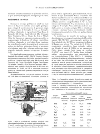 570
mostraram uma alta concentração de quartzo nas amostras,
as quais puderam ser empregadas para a produção de vidros.
MATERIAIS E MÉTODOS
Baseando-se no mapa geológico do estado de Mato
Grosso do Sul, foram definidas cinco regiões geológicas
para a extração de amostras de areias de quartzo em função
das características de formação do solo. As formações
geológicas relacionadas às regiões foram: Q1pc (Bacia do
Pantanal), K2c (Grupo Caiuá Indiviso), K2sa (Formação
Santo Anastácio), O3S1rv (Grupo Rio Ivaí) e NP3y4t
(Suíte São Vicente). As siglas que nomeiam as regiões no
mapa geológico do Estado de MS indicam características
geológicas relacionadas às propriedades físicas e químicas
das areias. Essas formações são originárias de arenitos muito
antigos, de depósitos sedimentares fluviais e apresentam
principalmente areia, silte e minerais argilosos em menor
proporção, indicando, portanto, forte presença de quartzo
[6-8].
Para localização exata dos pontos, incluindo latitude e
longitude, foi utilizado um GPS (MAP® 78s marca Garmin)
na coleta das cem amostras distribuídas nas cinco formações
geológicas citadas e nove municípios: Rio Verde de Mato
Grosso do Sul, Coxim, Silvolândia, Sonora, Pedro Gomes,
Alcinópolis, Costa Rica, Rio Negro e Corguinho. A Fig. 1
mostra o mapa geológico da região norte de MS com área
aproximada de 70.000 km² [9] e respectivas formações
geológicas com os municípios onde os pontos de extração
foram definidos.
No procedimento de extração das amostras de areias
em cada ponto de amostragem, foi utilizada enxada e pá
para a limpeza superficial de aproximadamente 0,3 m do
material de capa (horizonte O). Com o cavocate foi feita
abertura inicial do solo com uma profundidade de 1,5 m. Em
seguida foi utilizado o trado tipo caneco para perfuração e
coleta das amostras a uma profundidade de 3 a 4 m, sendo
retirados aproximadamente 3 kg de amostra de areia em
cada ponto de extração. Para a perfuração em locais mais
rígidos, como na formação geológica O3S1rv, foi utilizada
a picareta e a alabanca. Todas as amostras de areia extraídas
foram caracterizadas na forma bruta, sem qualquer tipo de
beneficiamento.
As distribuições de tamanho de partículas foram
determinadas por meio de peneiras circulares de laboratório,
segundo NBR 7217 [10] e as composições químicas por
fluorescência de raios X (FRX) em um equipamento Bruker
S2 Ranger, com tubo de Pd e potência de 50 W. Para a
caracterização mineralógica foram realizadas análises
por difração de raios X (DRX) em um equipamento
Philips X’pert, radiação Cukα, ângulo de varredura
2θ (3-80º) com passo 0,02º. Também foram realizadas
análises espectrofotométricas para determinação da
cor (espectrofotômetro X-Rite SP62V). A viabilidade
preliminar de aplicação industrial das areias para a produção
de um vidro tipo sódio-cálcico foi mostrada com uma
amostra de areia de quartzo representativa, e composições
de vidros comerciais analisadas e adotadas como material
de referência. A Tabela I mostra a composição química da
areia selecionada, dos vidros comerciais e da composição
calculada para a produção do vidro em laboratório. Além da
areia selecionada (Q3S1rv), foram utilizados, para compor
a carga de matérias-primas do vidro formulado e preparado,
Figura 1: Mapa da localização das formações geológicas e dos
municípios na região norte do Estado de Mato Grosso do Sul.
[Figure 1: Location map of the geological formations and cities in
the northern region of Mato Grosso do Sul state, Brazil.]
Óxidos
constituintes
Composição química (% massa)
Areia
selecionada
(O3S1rv)
Vidro
comercial
de garrafa
Vidro
comercial
de janela
Vidro
produzido
SiO2
96,13 71,18 68,27 70,58
Al2
O3
3,48 2,17 2,04 2,55
Fe2
O3
0,13 0,10 0,13 0,09
CaO 9,64 10,90 9,56
K2
O 0,06 0,02 0,85 0,04
MgO 1,91
Na2
O 16,82 15,86 17,04
P2
O5
0,02 0,02 0,01
TiO2
0,18 0,04 0,04 0,13
Tabela I - Composição química da areia selecionada, de
vidros comerciais transparentes (garrafa e janela) e do vidro
produzido em laboratório. P.F.: Perda ao Fogo.
[Table I - Chemical composition of the selected sand,
transparent commercial glasses (bottle and window) and
glass sand produced in laboratory. P.F.: Loss on ignition.]
M. T. Souza et al. / Cerâmica 60 (2014) 569-574
 