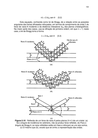 104 
nl = 2 dhkl sen q (5.2) 
Esta equação, conhecida como lei de Bragg, dá a relação entre as posições 
angulares dos feixes difratados reforçados, em termos do comprimento de onda l do 
feixe de raios-X incidente e da distância interplanar dhkl dos planos cristalográficos. 
Na maior parte dos casos, usa-se difração de primeira ordem, em que n = 1; neste 
caso, a lei de Bragg toma a forma 
l = 2 dhkl sen q (5.3) 
Figura 5.10 - Reflexão de um feixe de raios-X pelos planos (h k l) de um cristal. (a) 
Se o ângulo de incidência for arbitrário, não se produz feixe refletido. (b) Para o 
ângulo de Bragg q, os raios refletidos estão em fase e reforçam-se uns aos outros. 
(c) O mesmo que (b), exceto que se omitiu a representação das ondas. 
 