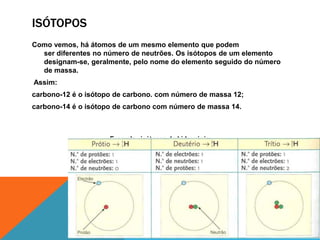ISÓTOPOS
Como vemos, há átomos de um mesmo elemento que podem
  ser diferentes no número de neutrões. Os isótopos de um elemento
  designam-se, geralmente, pelo nome do elemento seguido do número
  de massa.
Assim:
carbono-12 é o isótopo de carbono. com número de massa 12;
carbono-14 é o isótopo de carbono com número de massa 14.



                     Exemplo - isótopos do hidrogénio:
 